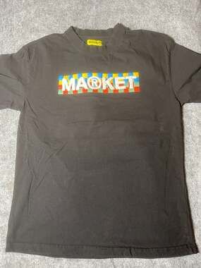Market Checkered Bar Logo Puff Print T-Shirt Black Size L